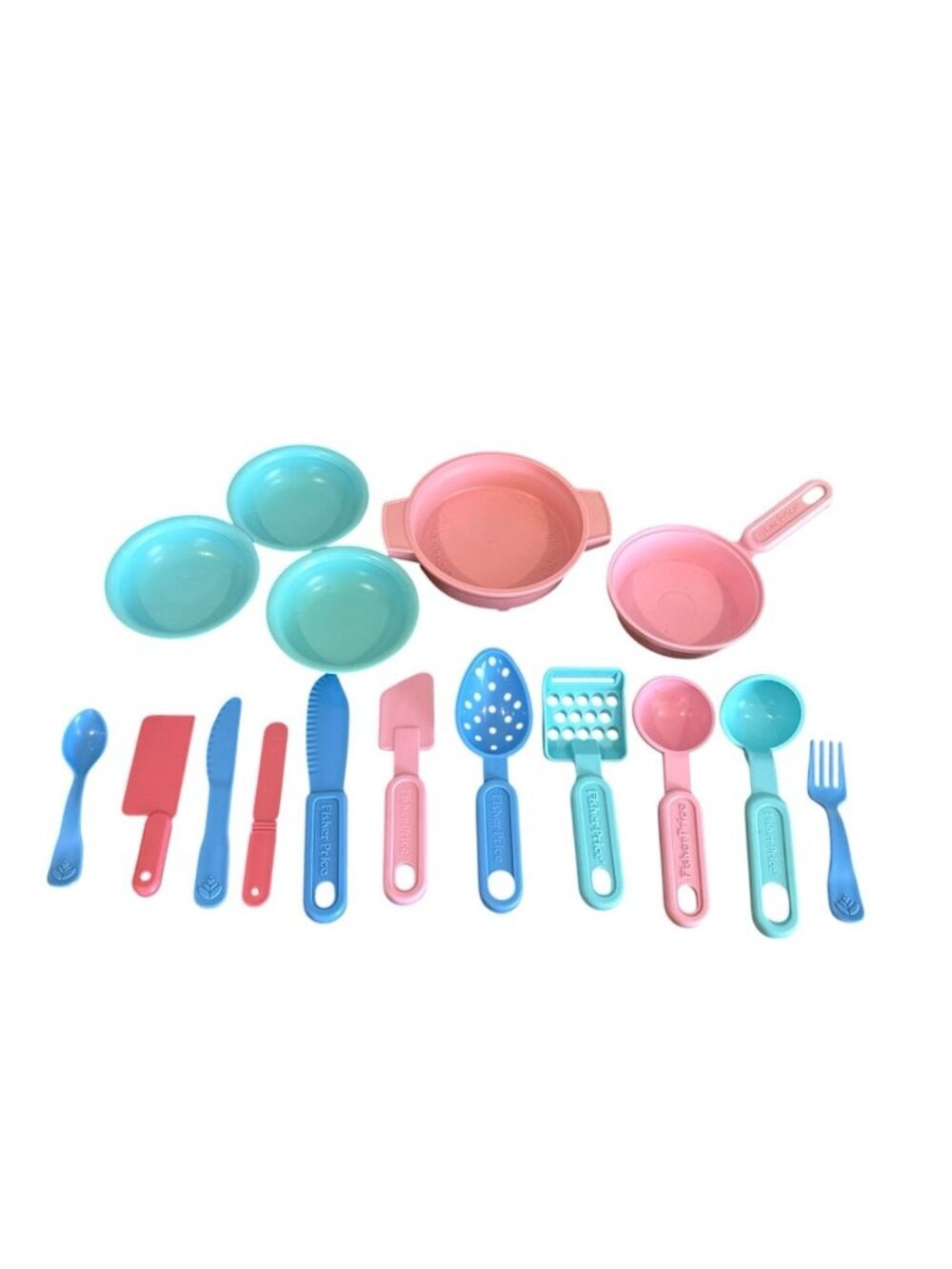 VTG Fisher Price Fun With Food Dishes Utensils Bowls Cookware Pots Pans Lot 16pc